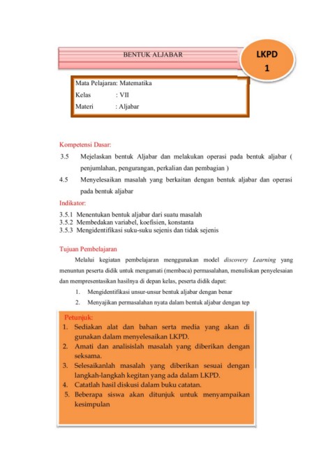 Lkpd Aljabar Kls Vii E Book 1 Flip Ebook Pages 1 5 Anyflip Anyflip