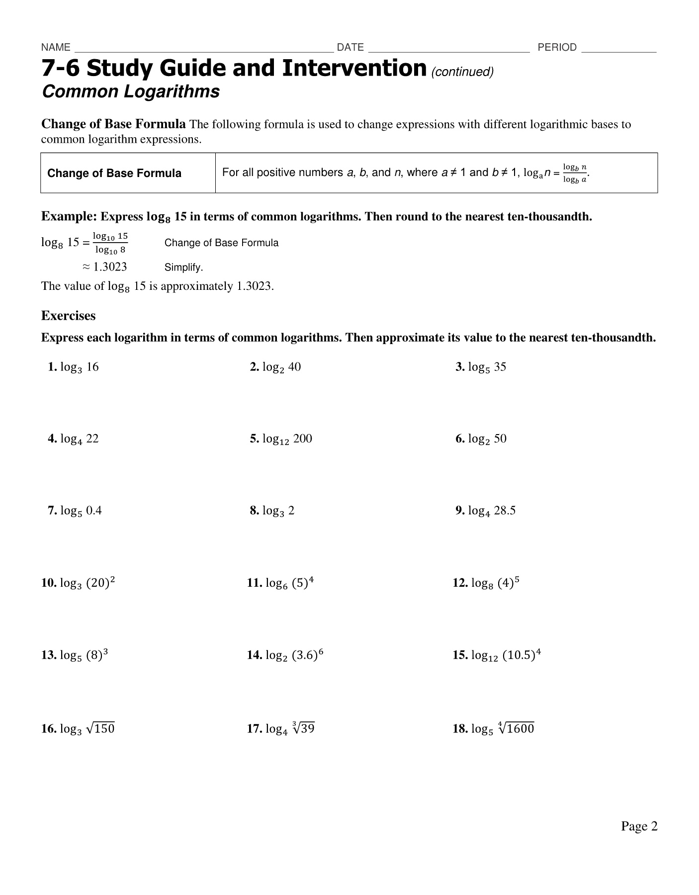 7 6 Study Guide And Intervention Common Logarithms Study Poster