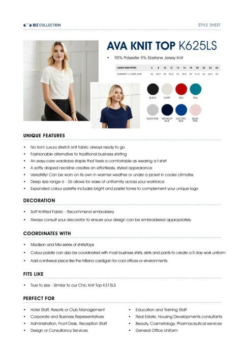 AVA KNIT TOP - K625LS Biz Collection