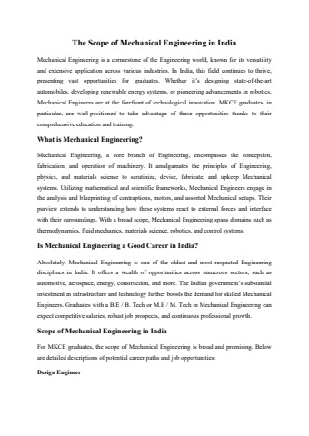 The Scope of Mechanical Engineering in India for MKCE Graduates[1]