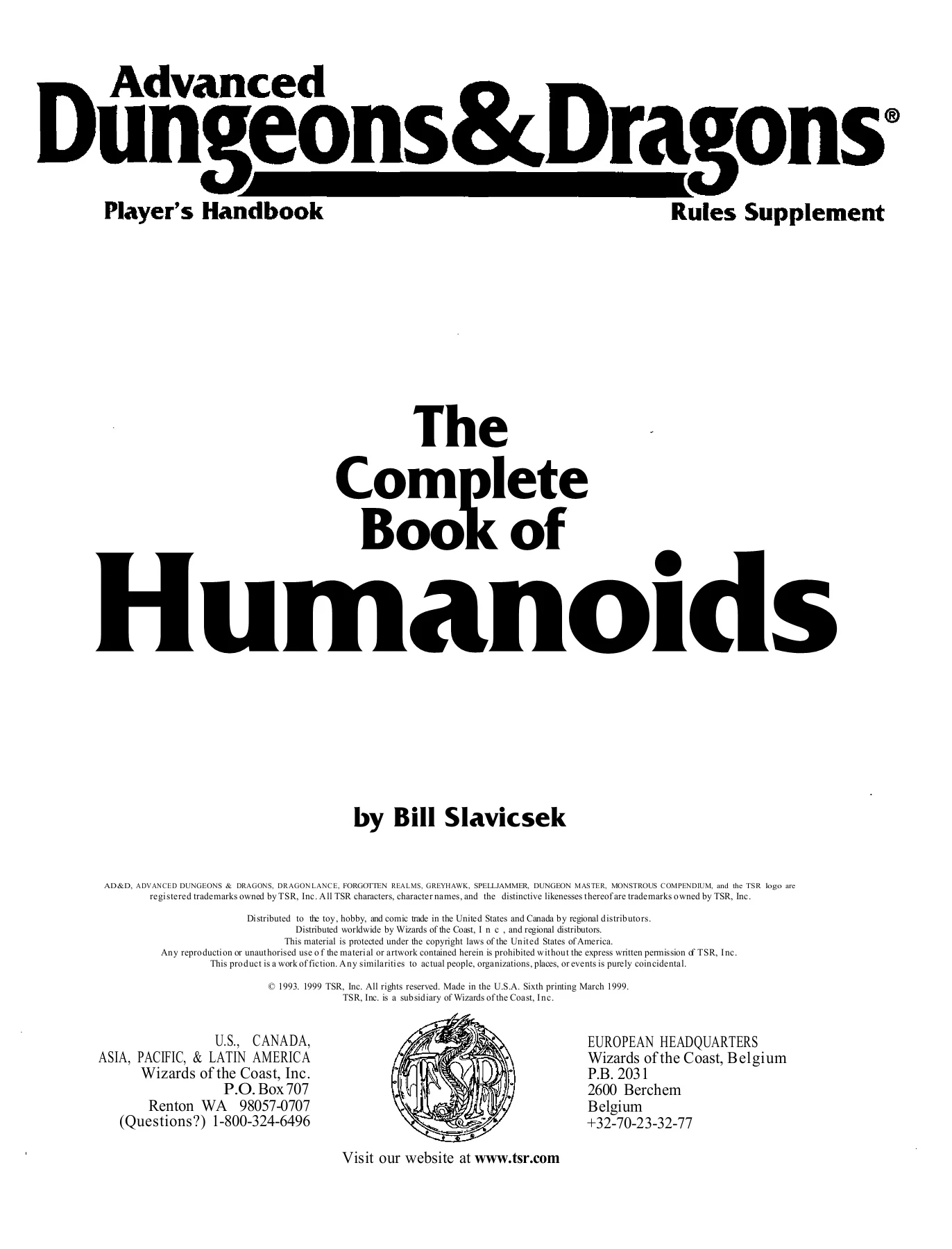 AD&D – The Complete Book Of Humanoids – Manuel Jeu De Rôle, Anglais, Occasion