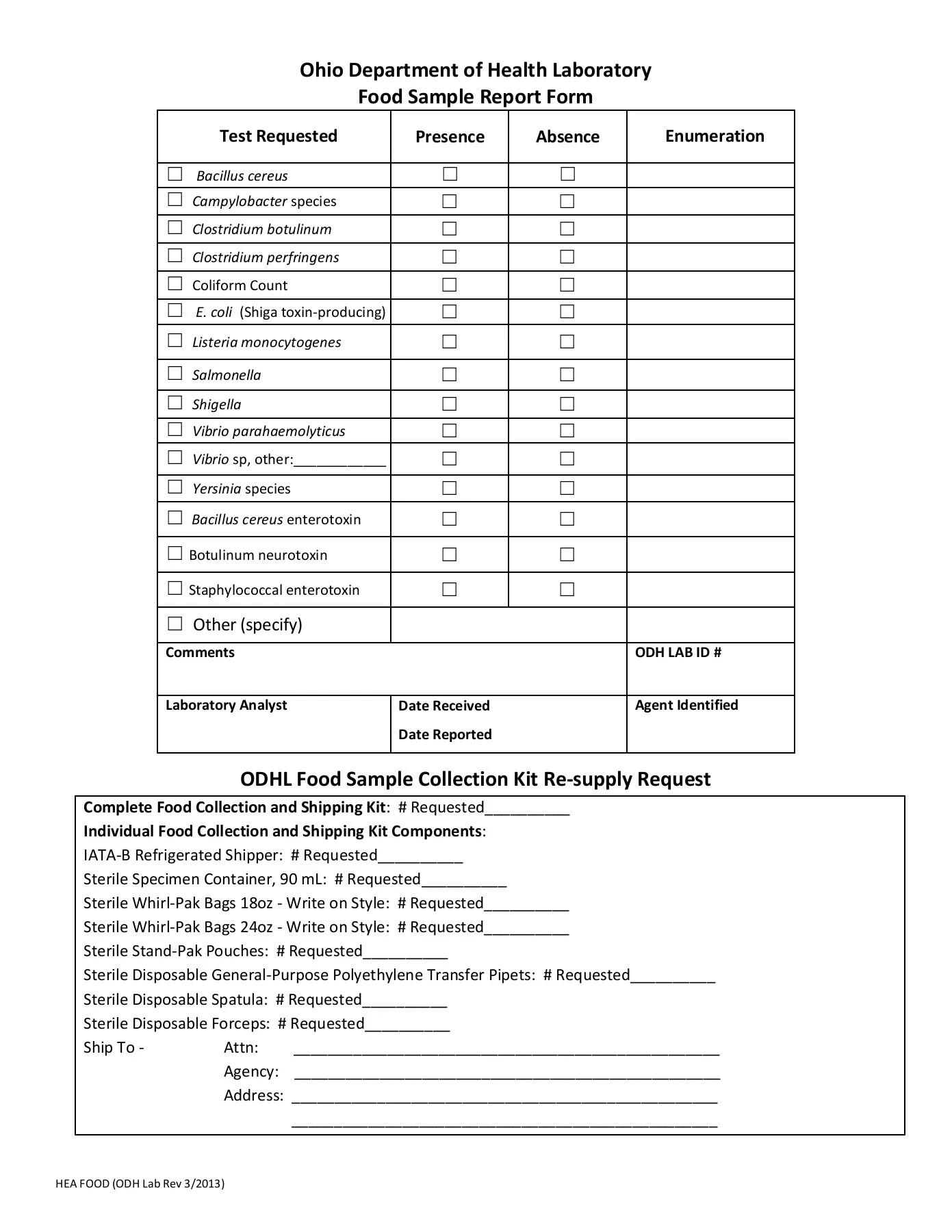 Ohio Department of Health Laboratory Food Sample ...