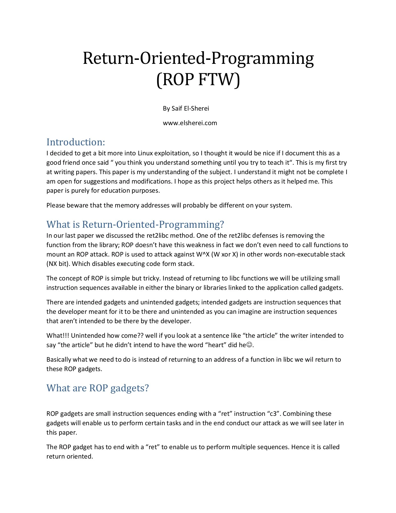 Return Oriented Programming (ROP FTW) - Intelligent Exploit