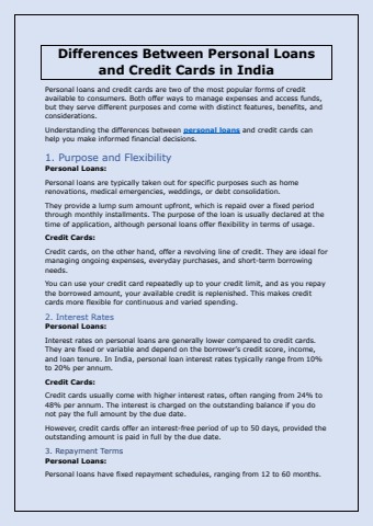 Differences Between Personal Loans and Credit Cards in India