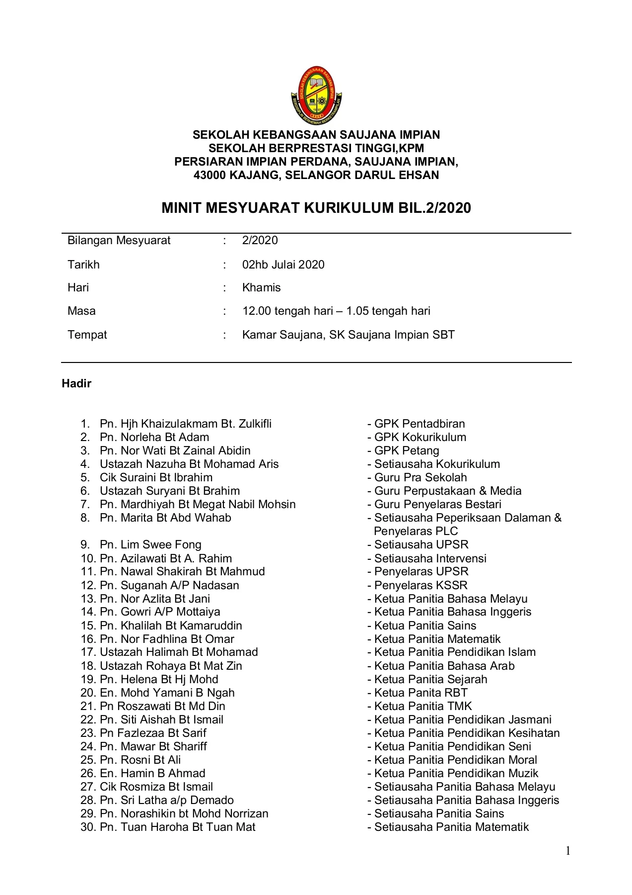 Minit File Minit Mesyuarat Kurikulum Bil.2/2020