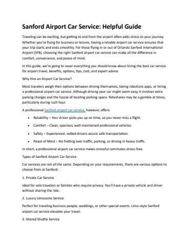 Sanford Airport Car Service Helpful Guide