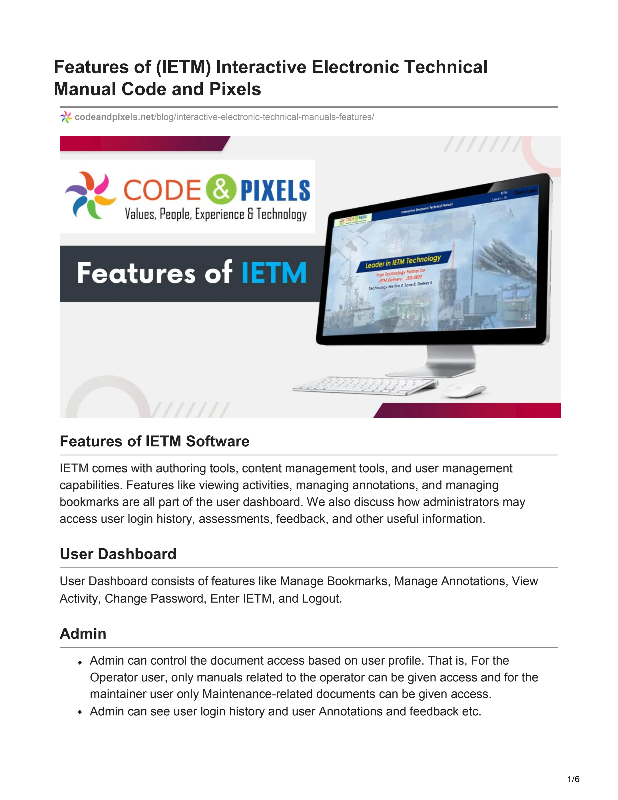 Features of IETM Interactive Electronic Technical Manual Code and Pixels