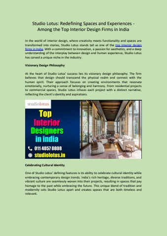 Studio Lotus Redefining Spaces and Experiences - Among the Top Interior ...