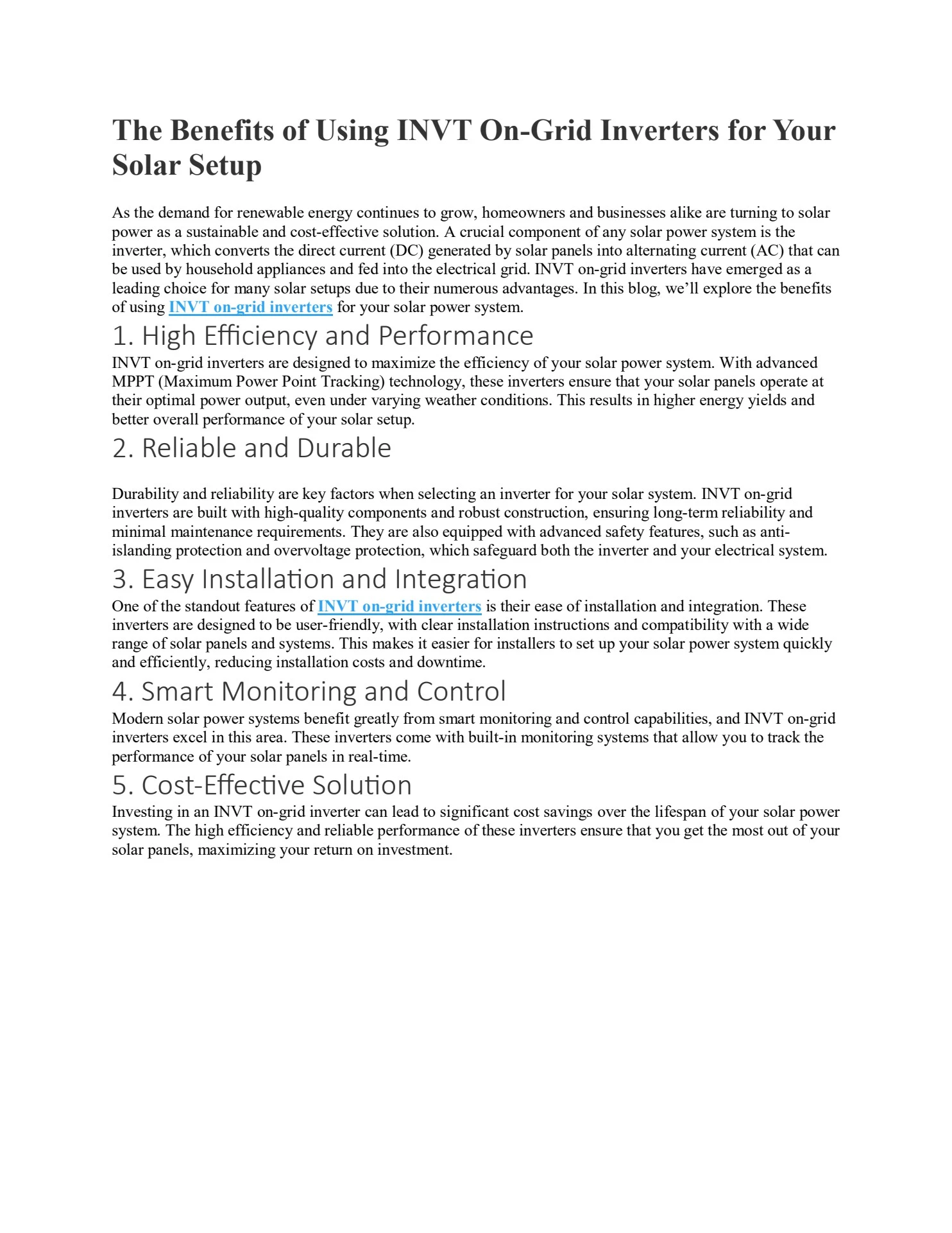 Invitee Inverter The Benefits of Using INVT On-Grid Inverters for Your Solar Setup