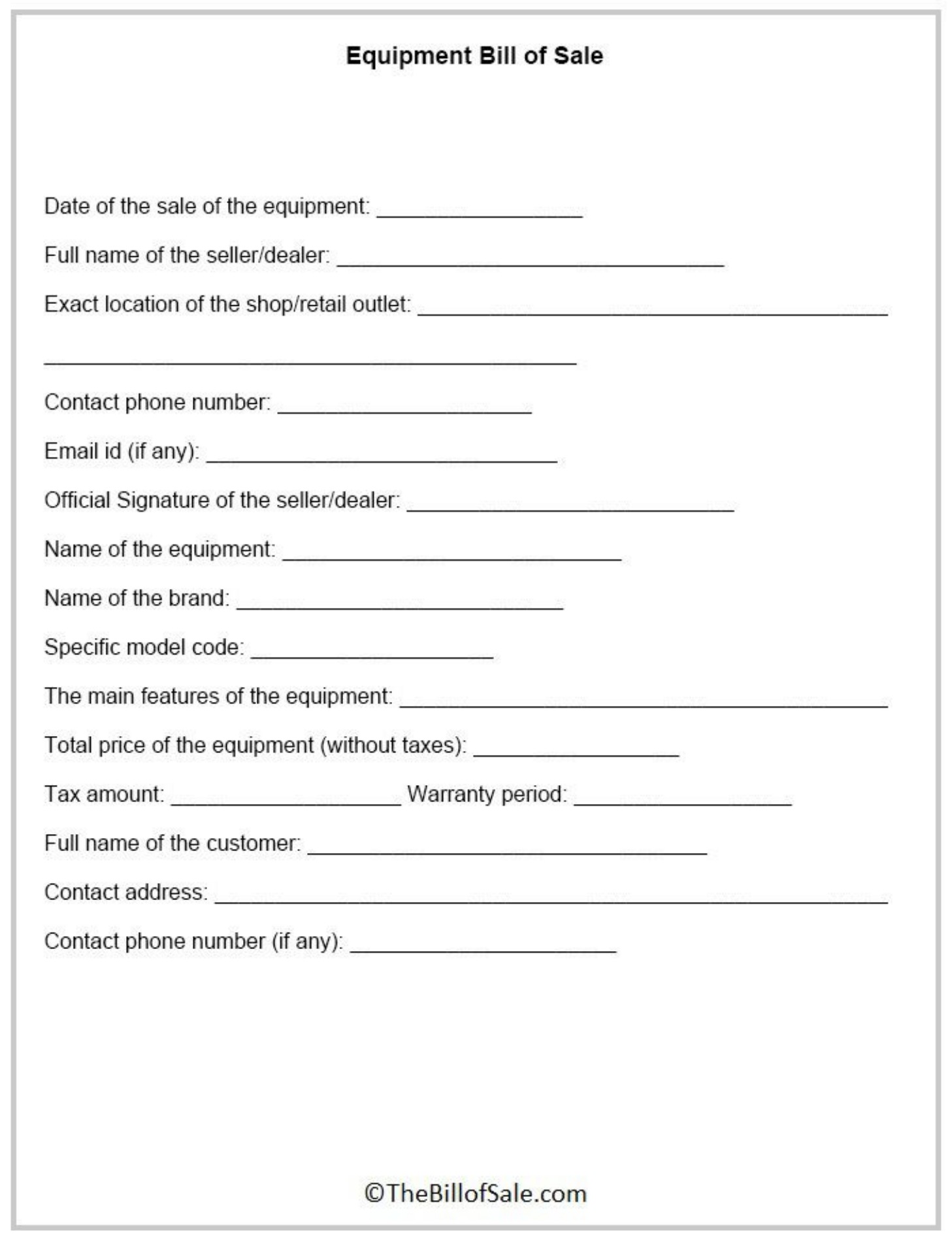 Equipment Bill of Sale PDF for Free Printable Equipment Bill Of Sale