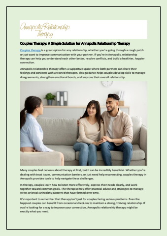Couples Therapy: A Simple Solution for Annapolis Relationship Therapy