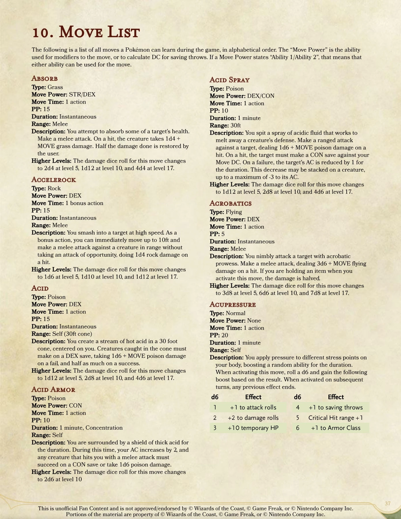 Pokemon 5e Move and Ability List