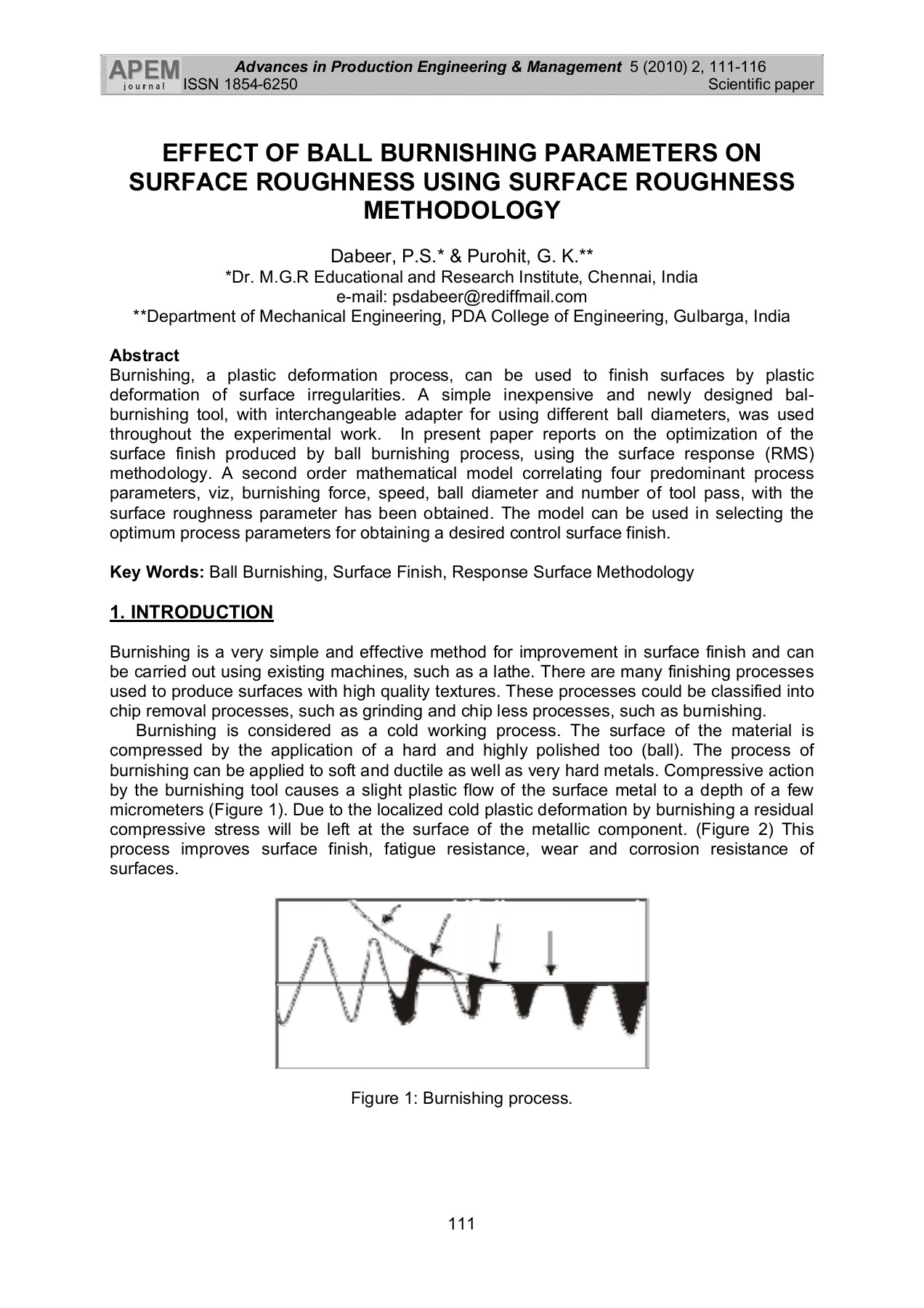 EFFECT OF BALL BURNISHING PARAMETERS ON SURFACE ROUGHNESS ...