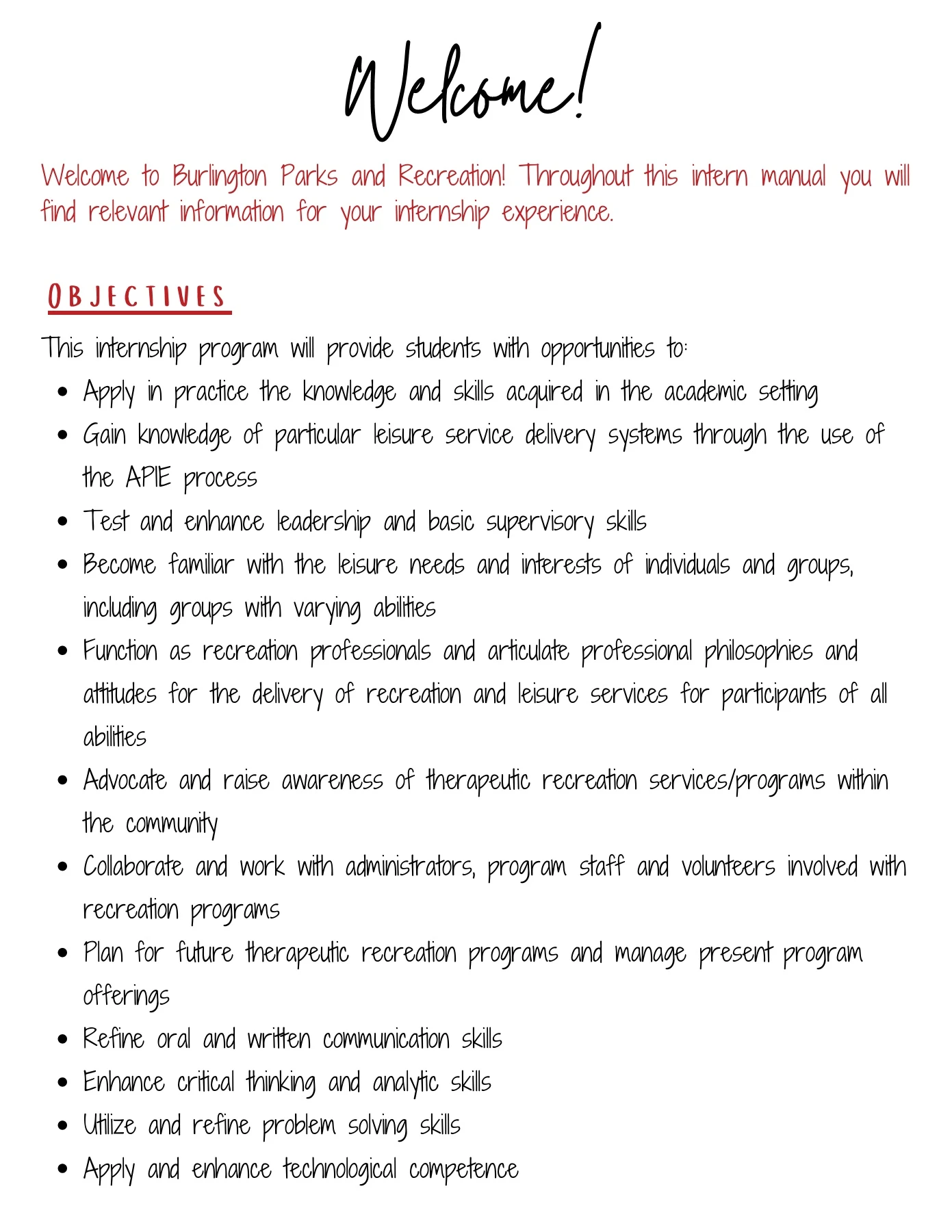 Town of Burlington, MA Parks & Recreation Department TR Internship ...