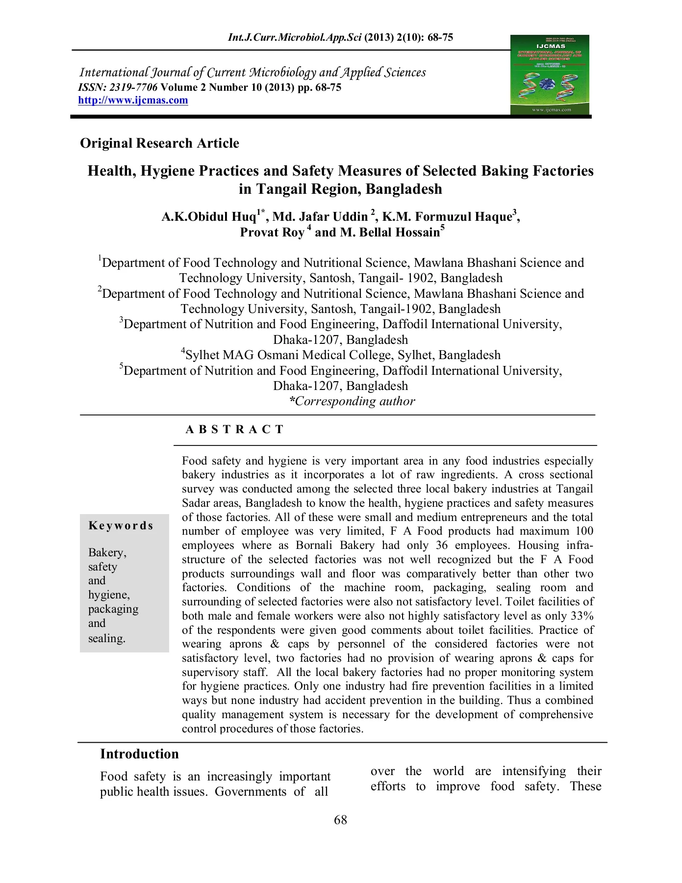 Health, Hygiene Practices and Safety Measures of Selected Baking Factories