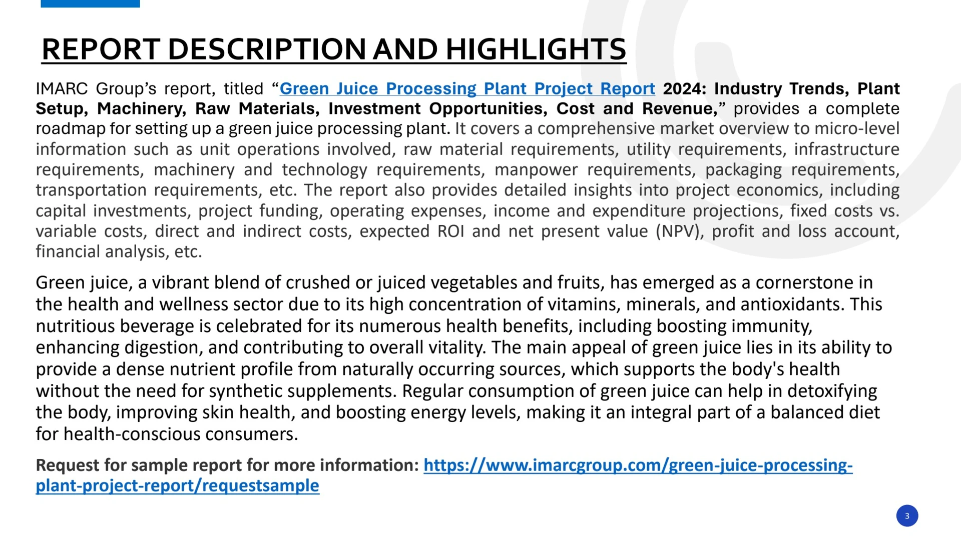 Green Juice Processing Plant Report PDF 2024