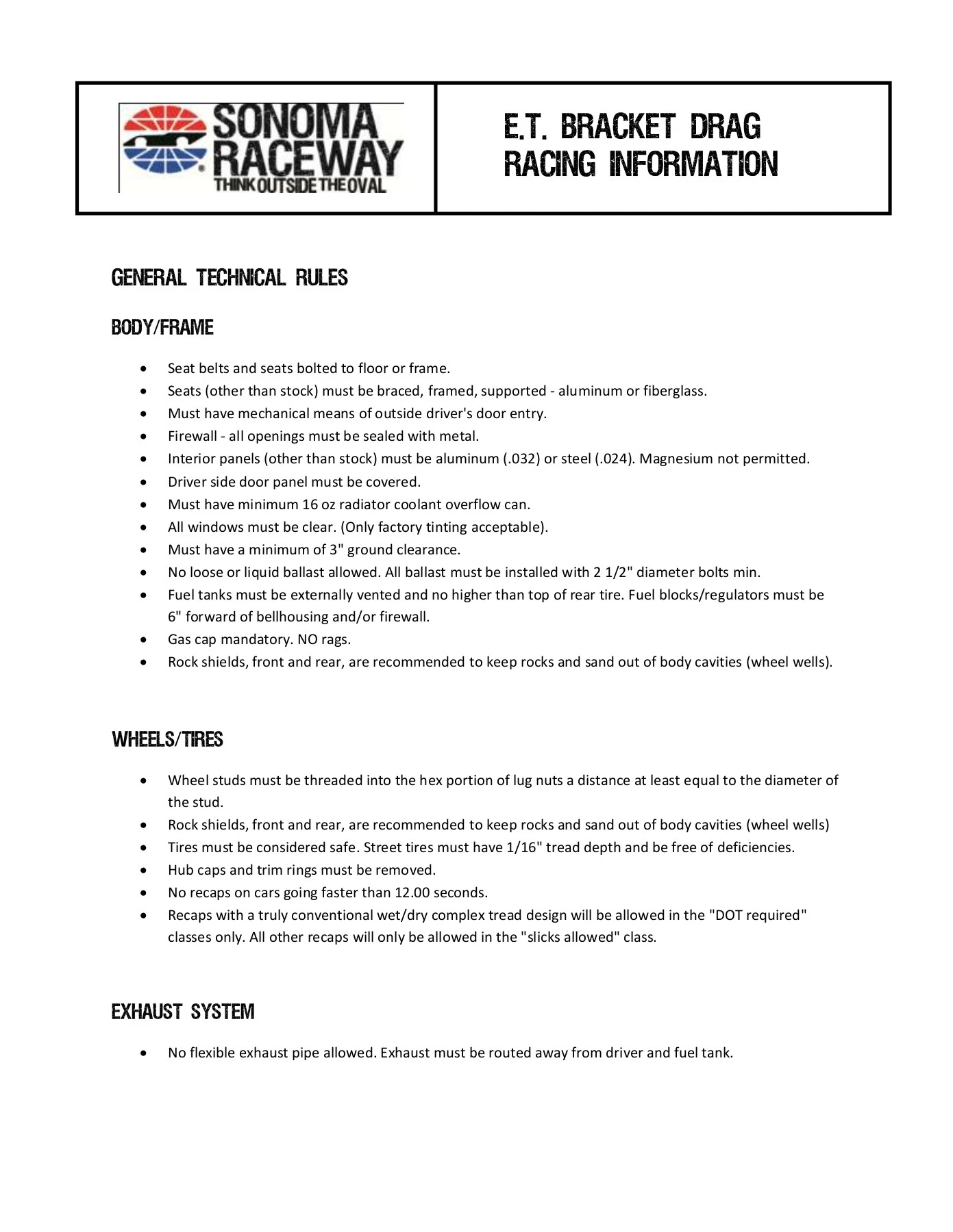 E.T. Bracket Drag Racing information - Sonoma Raceway