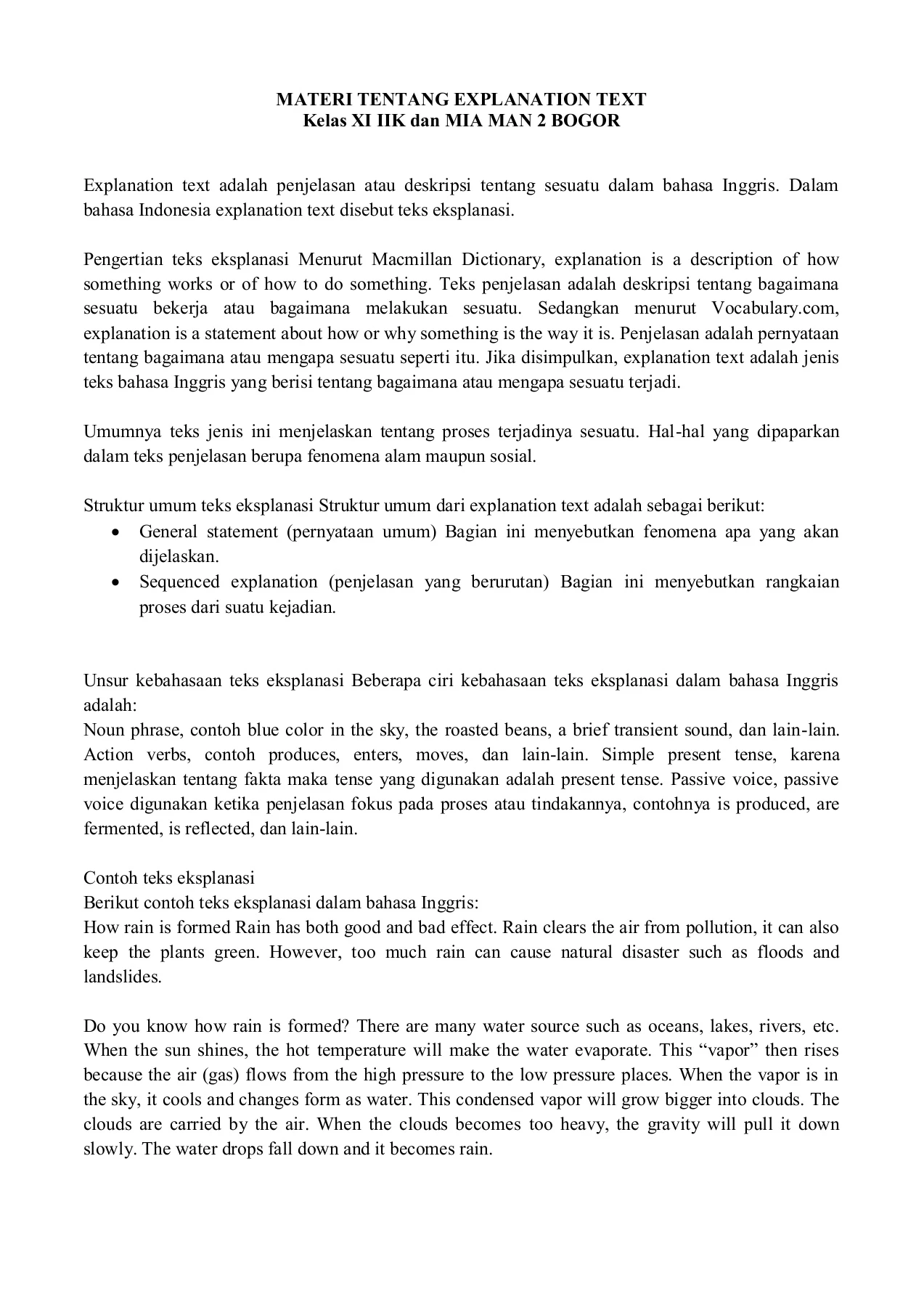 Contoh Text Explanation Bahasa Inggris