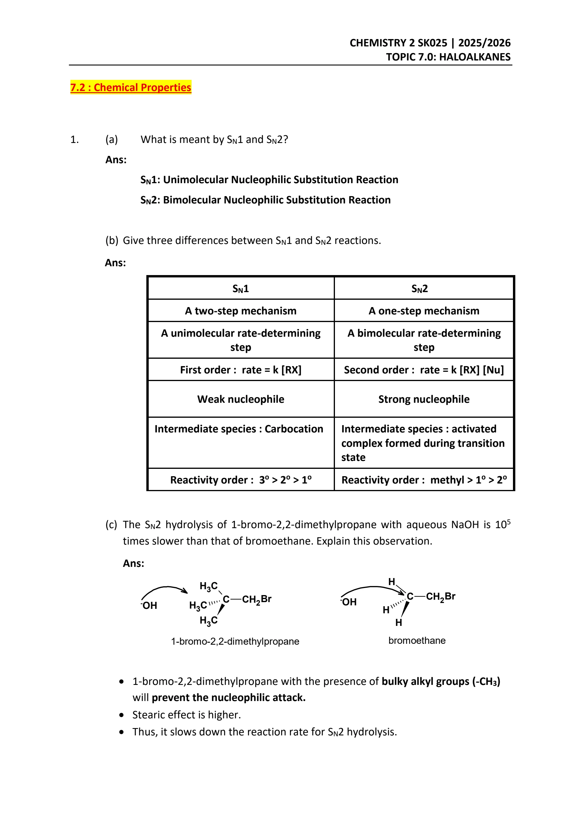2025 2026 CHEMISTRY 2 SK025 TUTORIAL MEKA KUMBE 7.0 Haloalkanes - ANSWERS