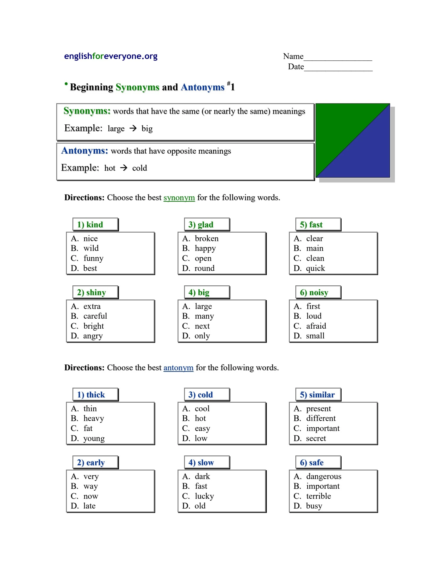 Beginning Synonyms and Antonyms 1