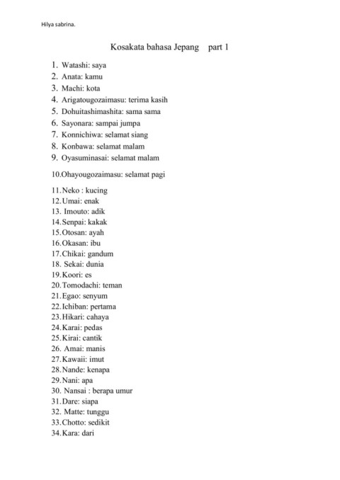 Kosakata Bahasa Jepang Dasar