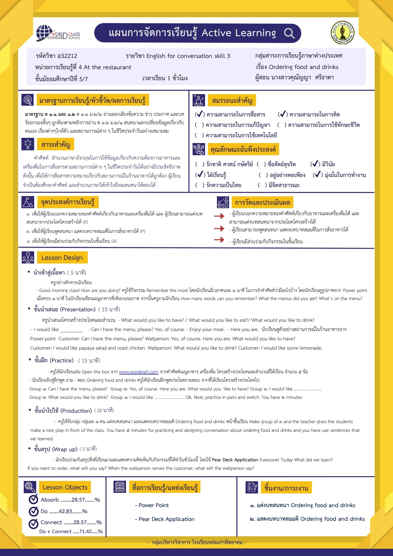 แผนการจัดการเรียนรู้ Active Learning