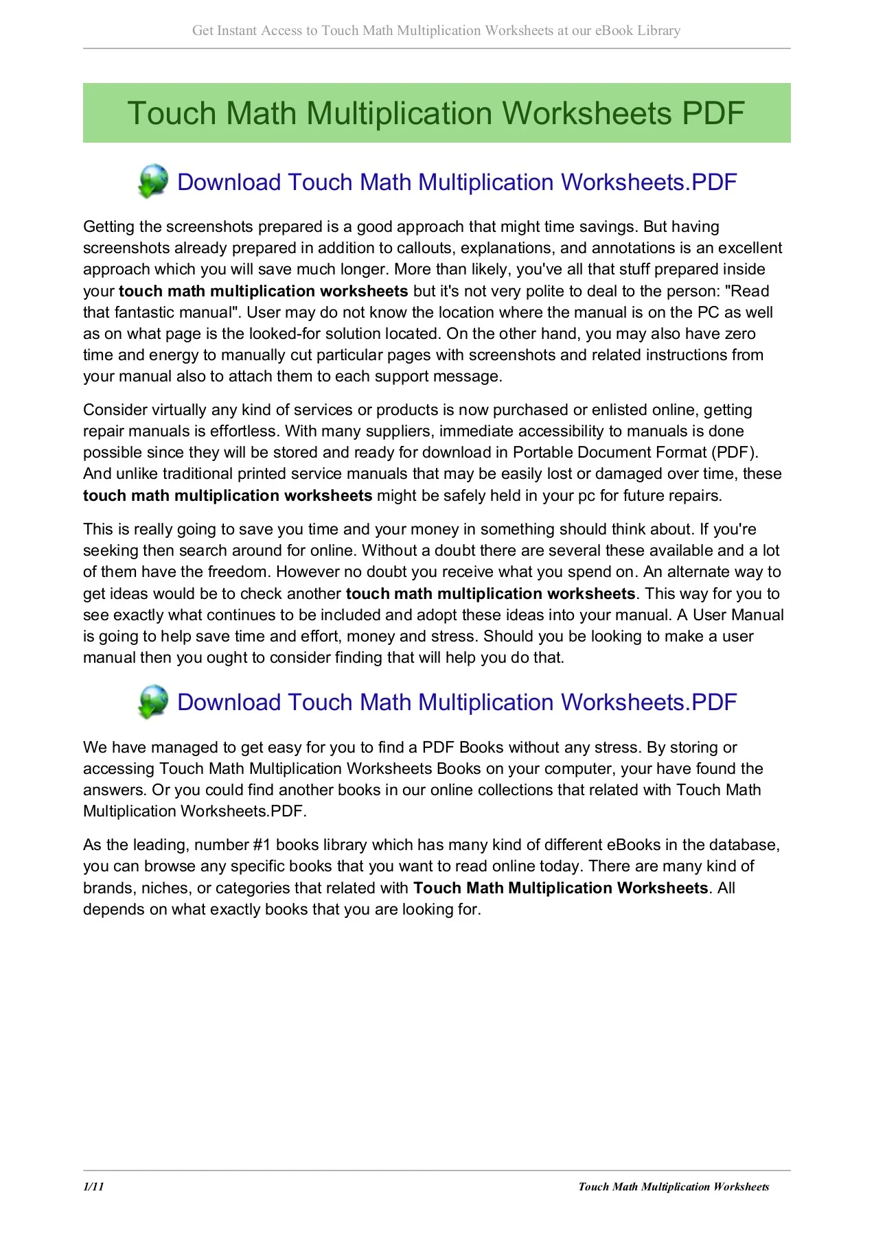 Touch Math Multiplication Worksheets - kristentro.net
