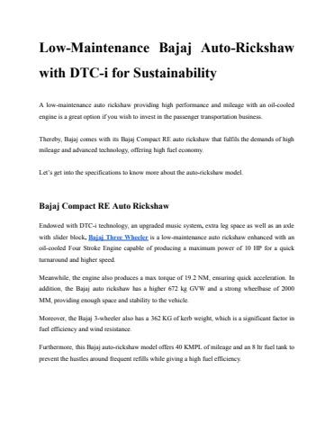Auto Kumar Dtc Low-Maintenance Bajaj Auto-Rickshaw with DTC-i for Sustainability ...