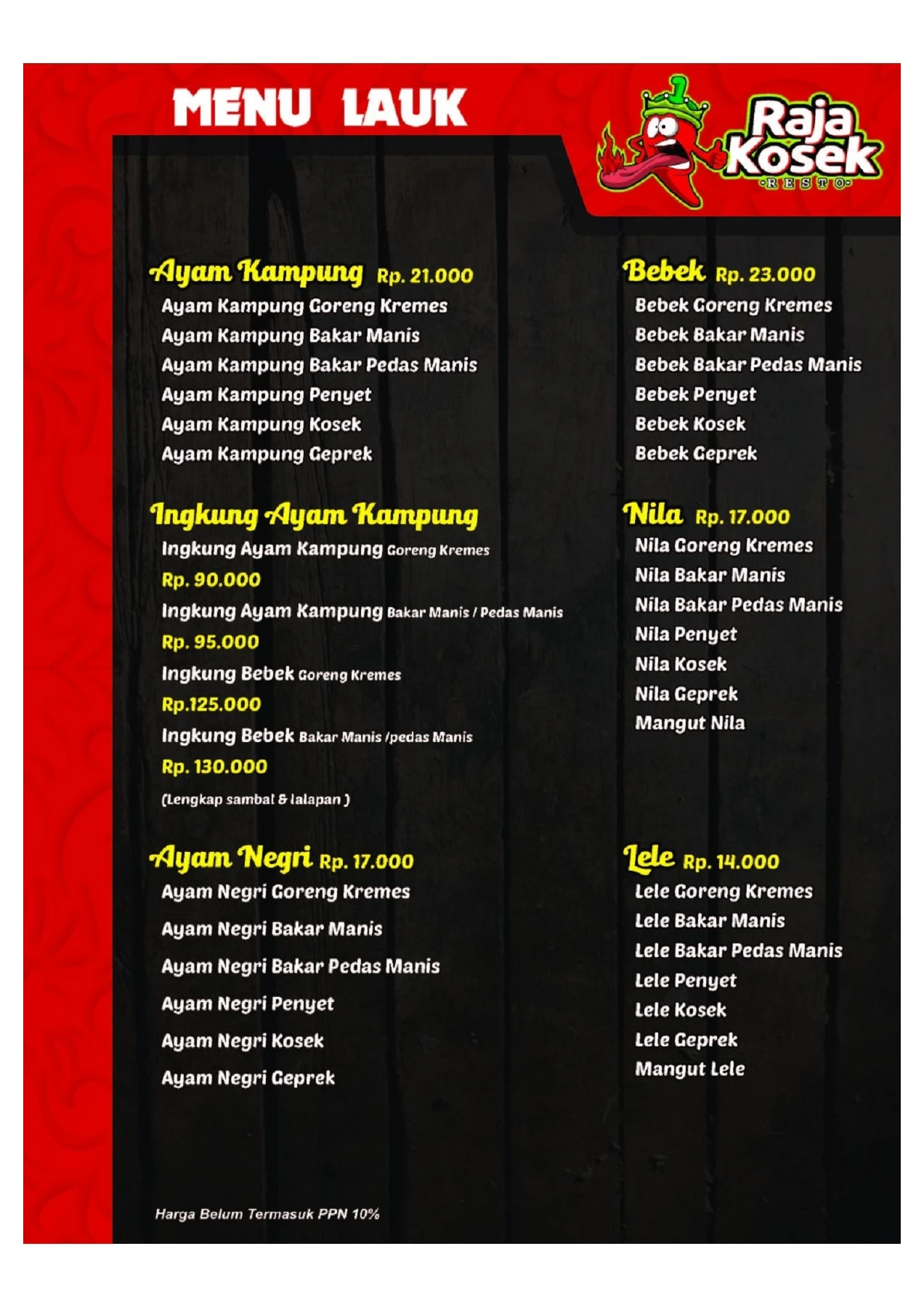 Menu Raja Kosek Raja Kosek