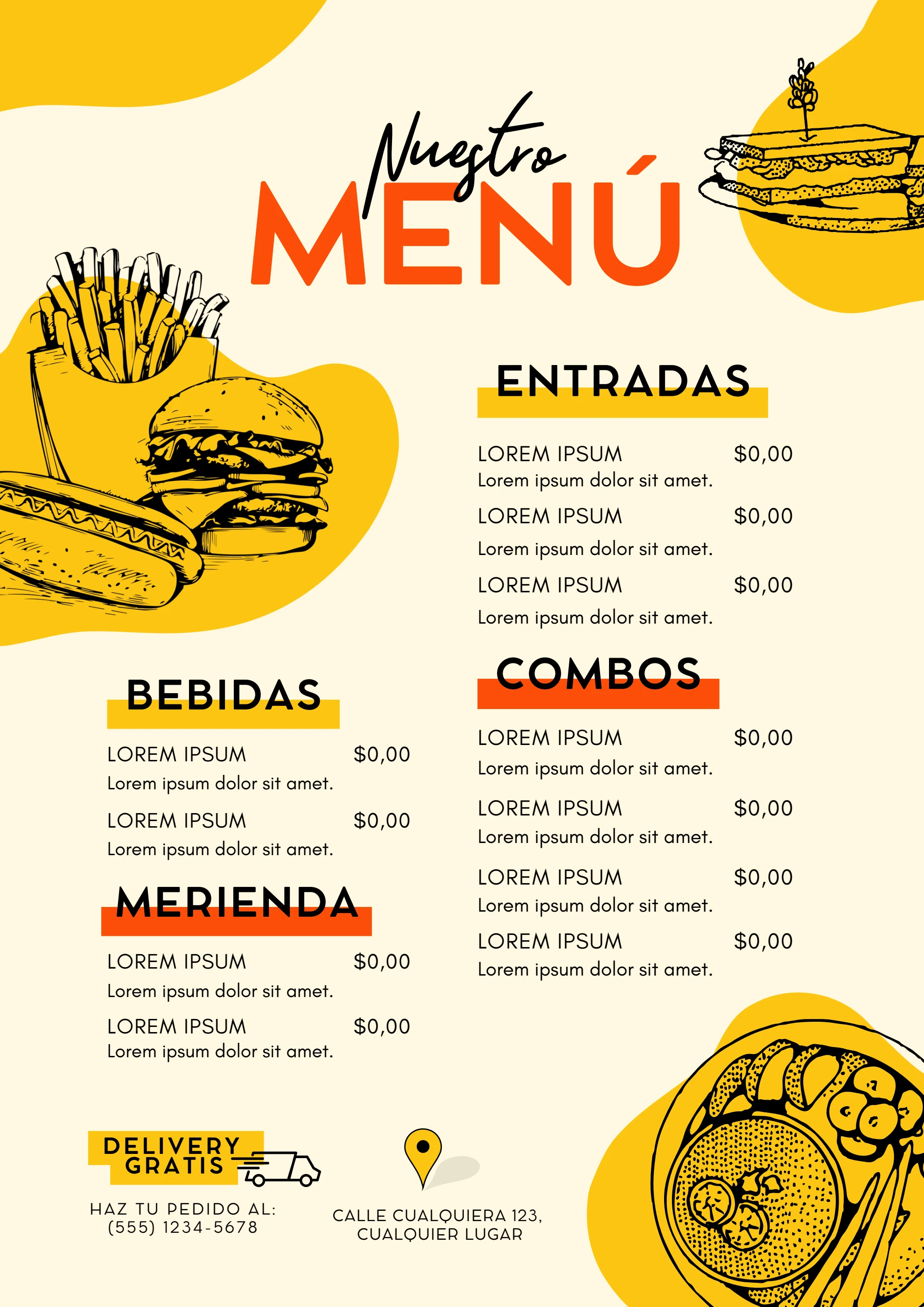 Menú para Restaurante Ilustrado Aesthetic Amarillo Naranja y Negro