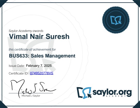 Vimal Nair Suresh Certificate 0749520778VS