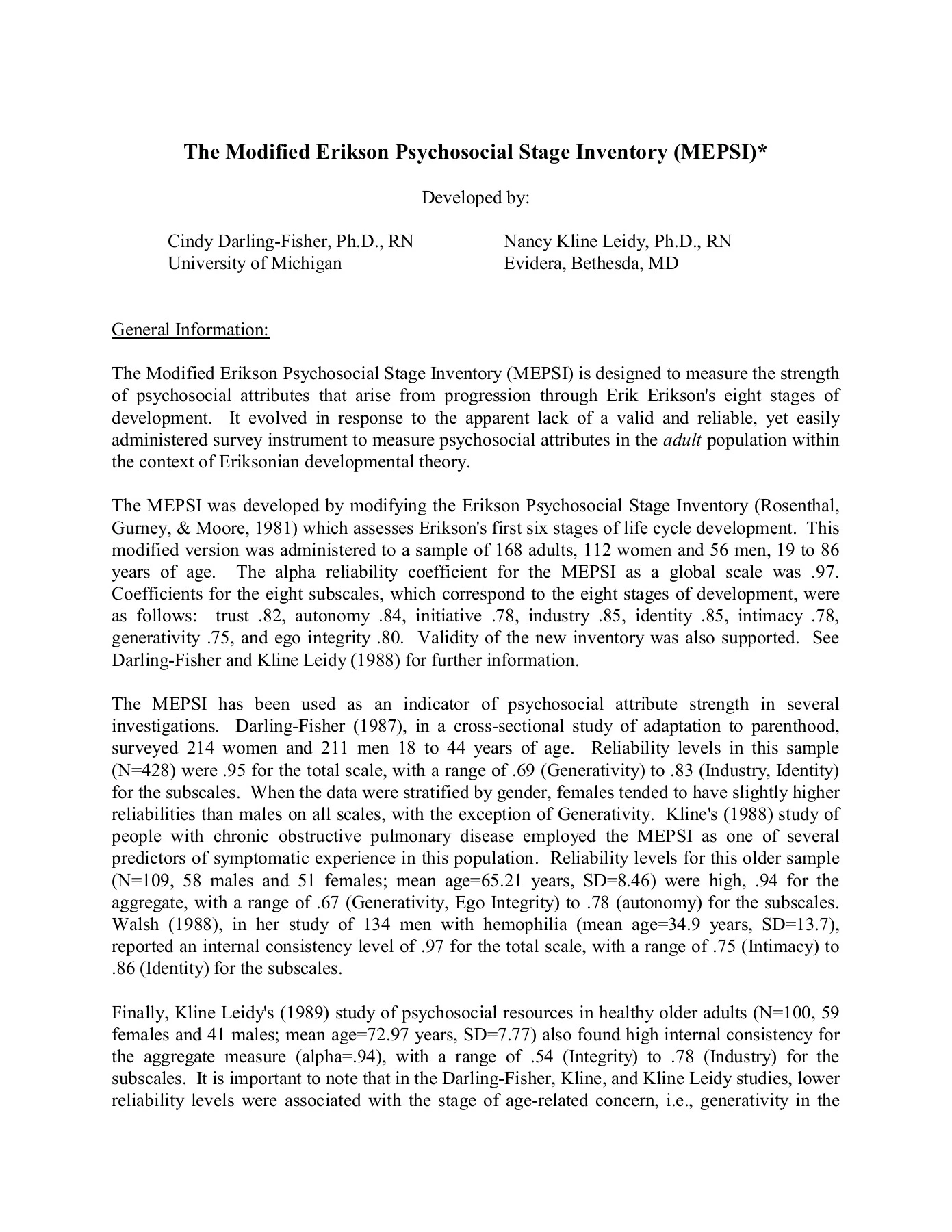 Mepsi Example The Modified Erikson Psychosocial Stage Inventory (MEPSI)