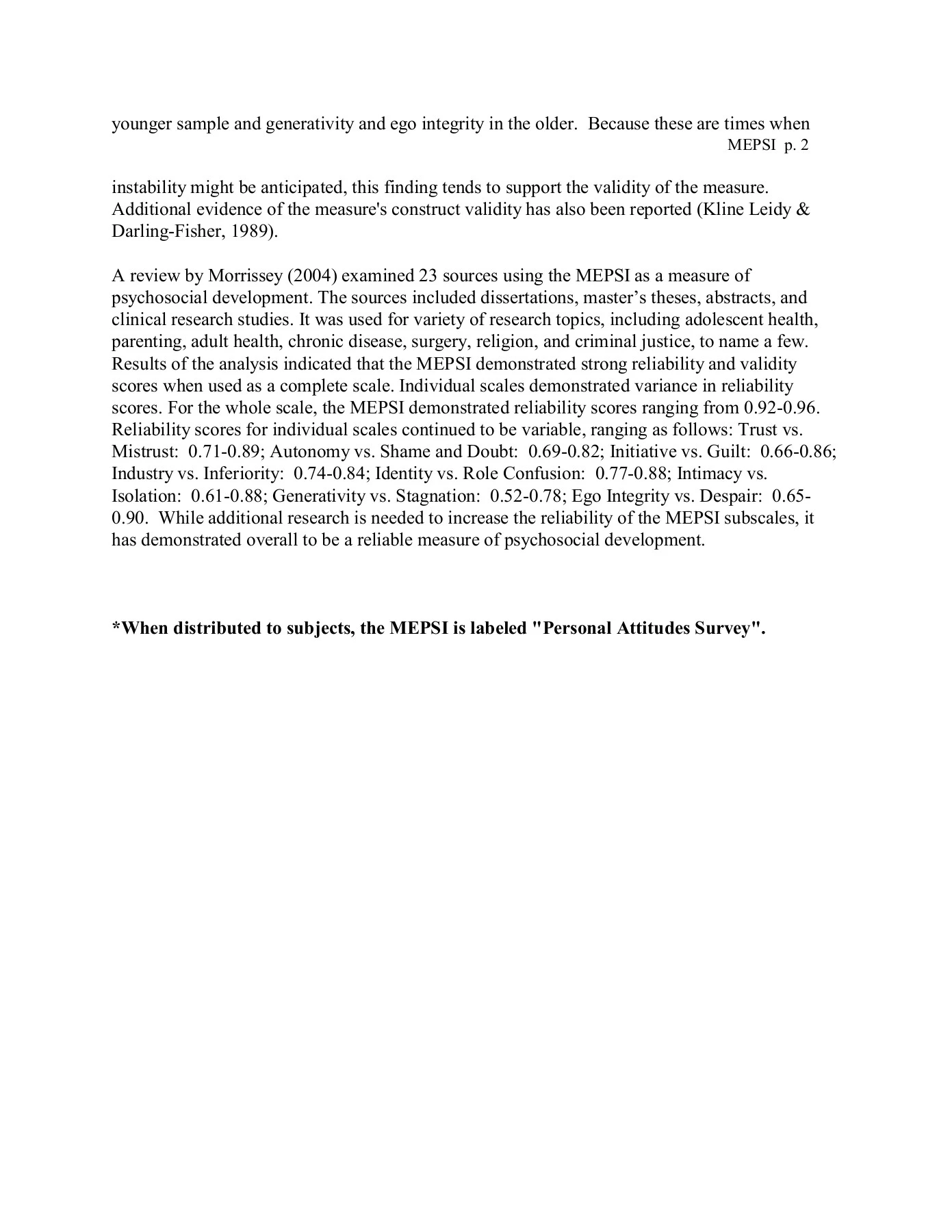 Mepsi Example The Modified Erikson Psychosocial Stage Inventory (MEPSI)