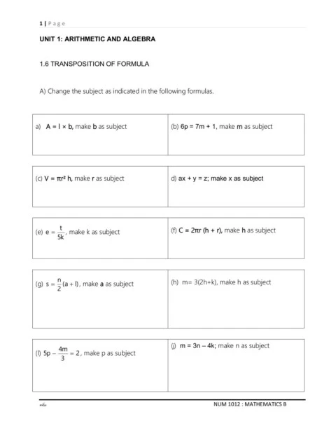 1.6 TRANSPOSITION OF FORMULA