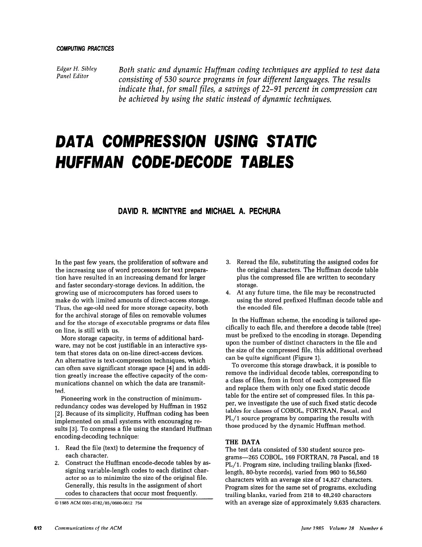 Data compression using static Huffman code-decode tables