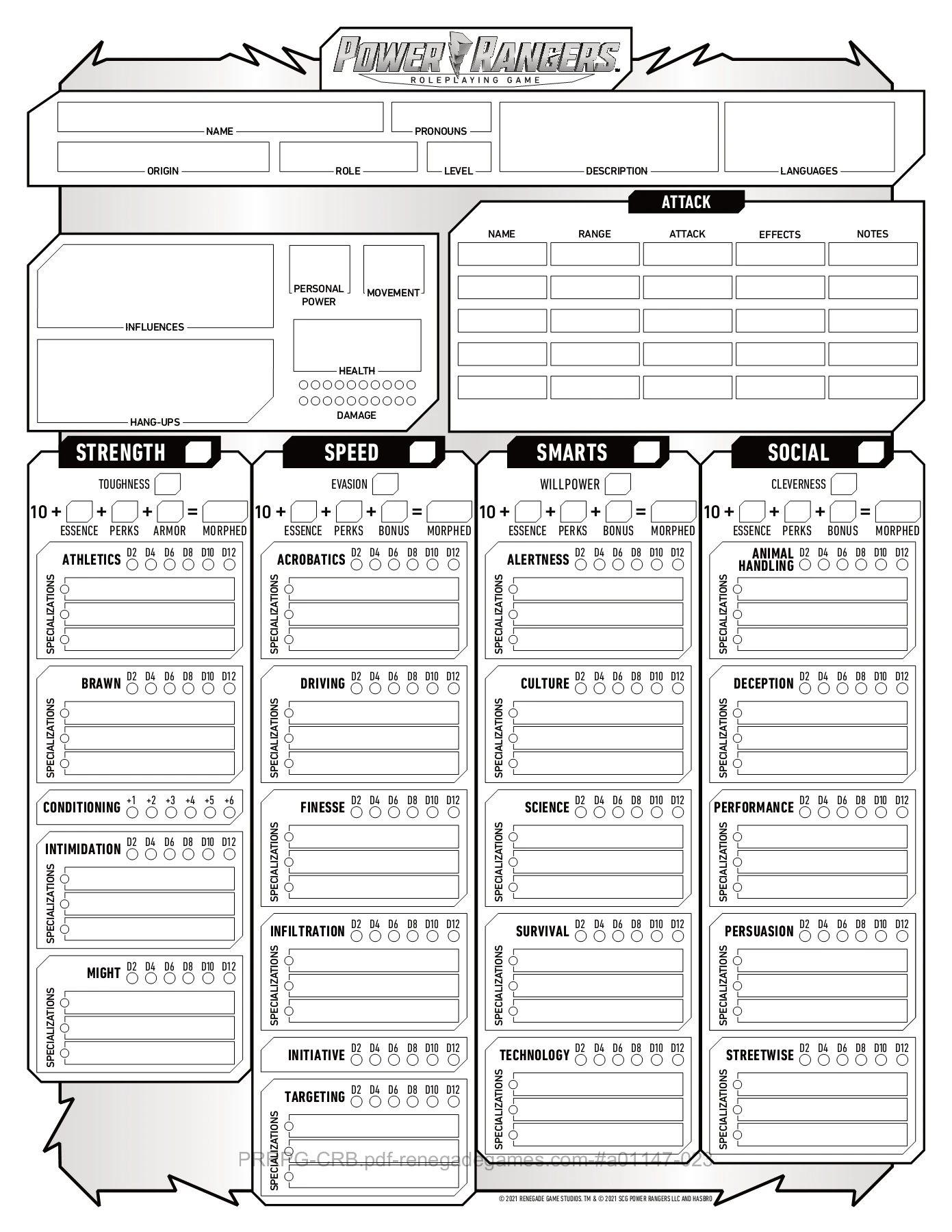Power Rangers RPG Character Sheet FORM FILLABLE