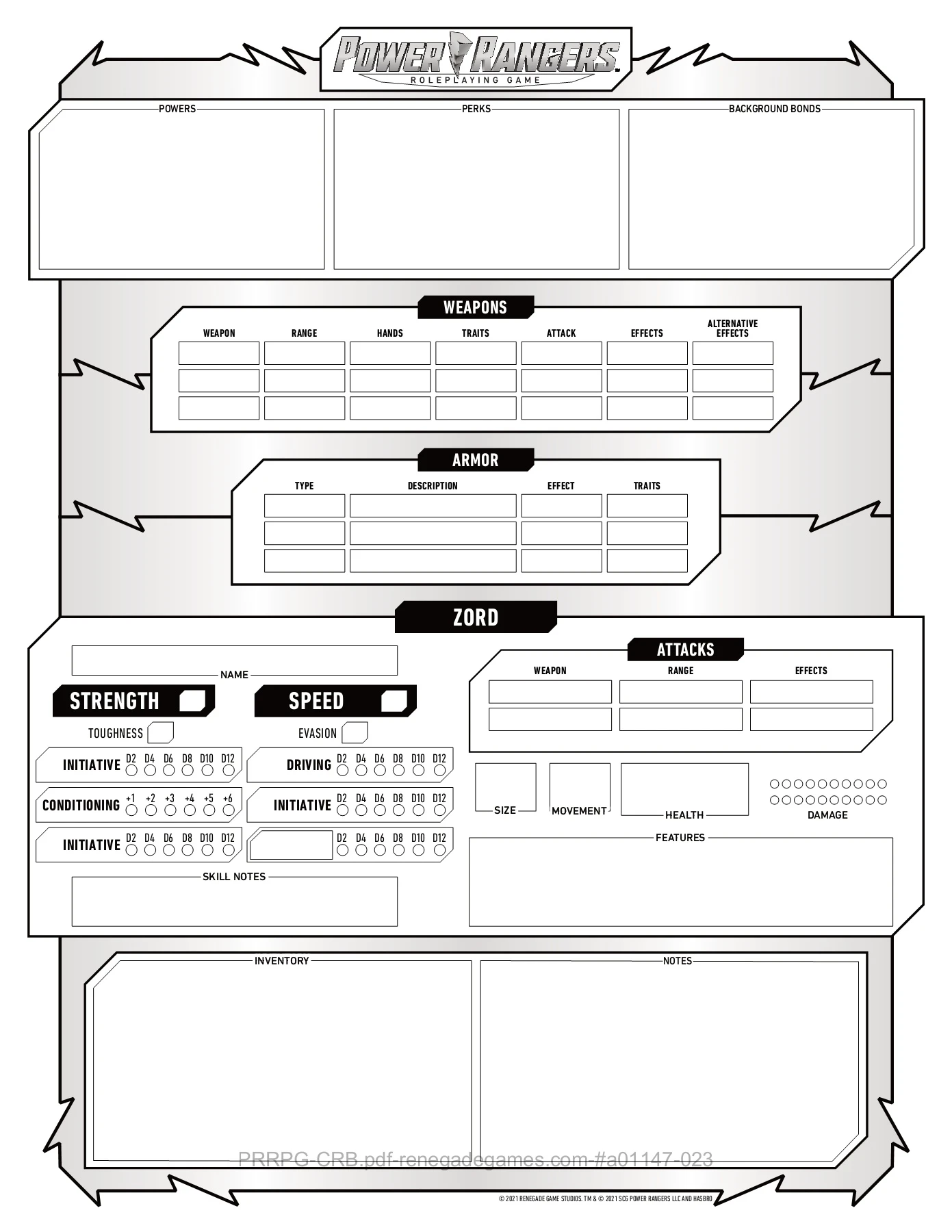 Power Rangers RPG Character Sheet FORM FILLABLE