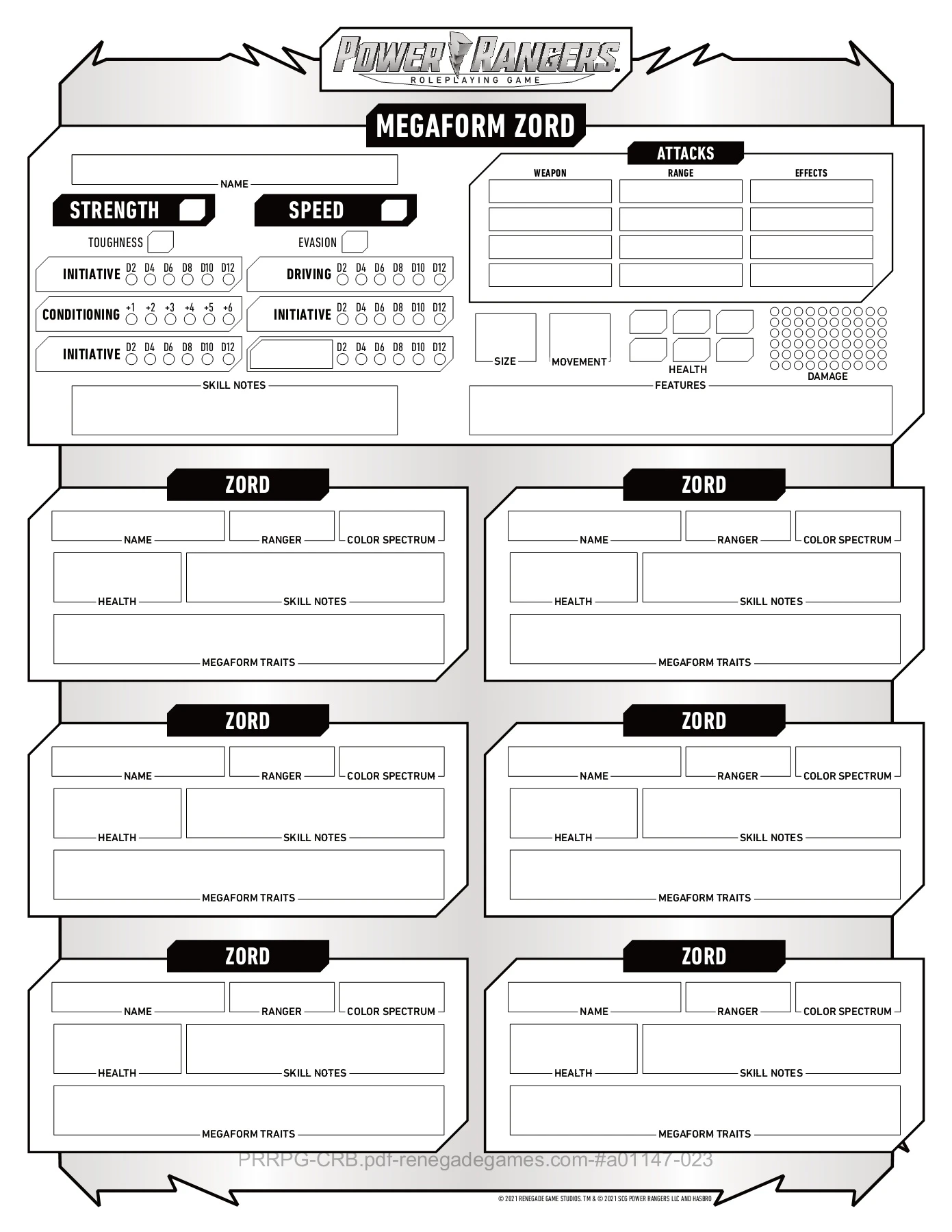 Power Rangers RPG Character Sheet FORM FILLABLE