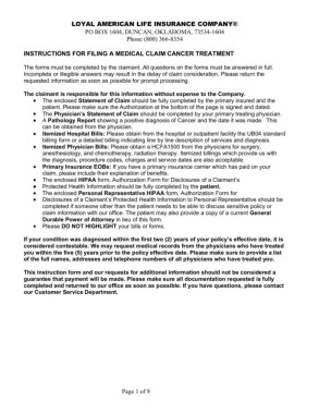 INSTRUCTIONS FOR FILING A MEDICAL CLAIM CANCER TREATMENT