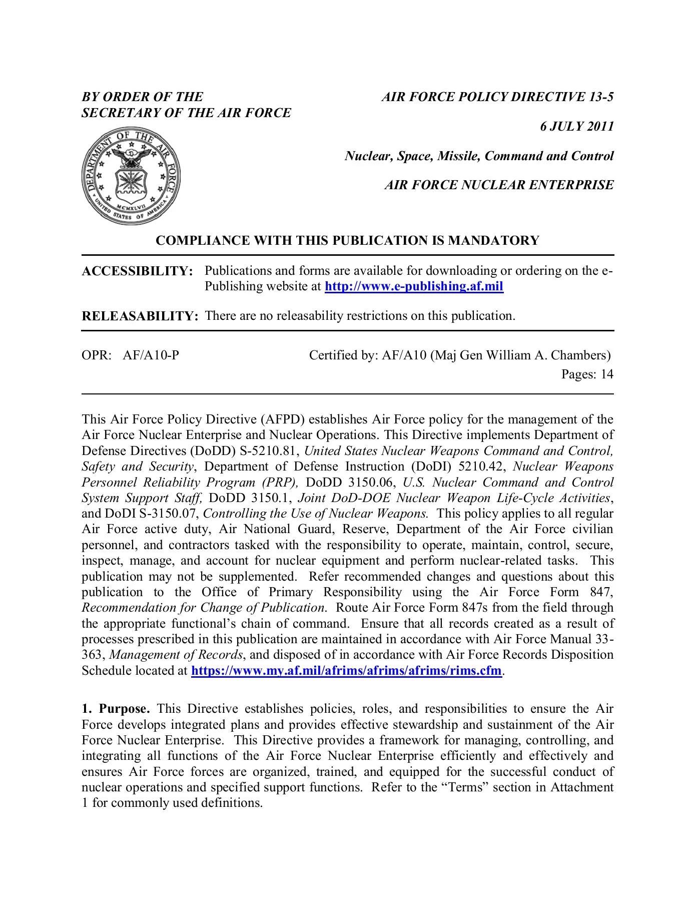 BY ORDER OF THE AIR FORCE POLICY DIRECTIVE 13-5 SECRETARY ...