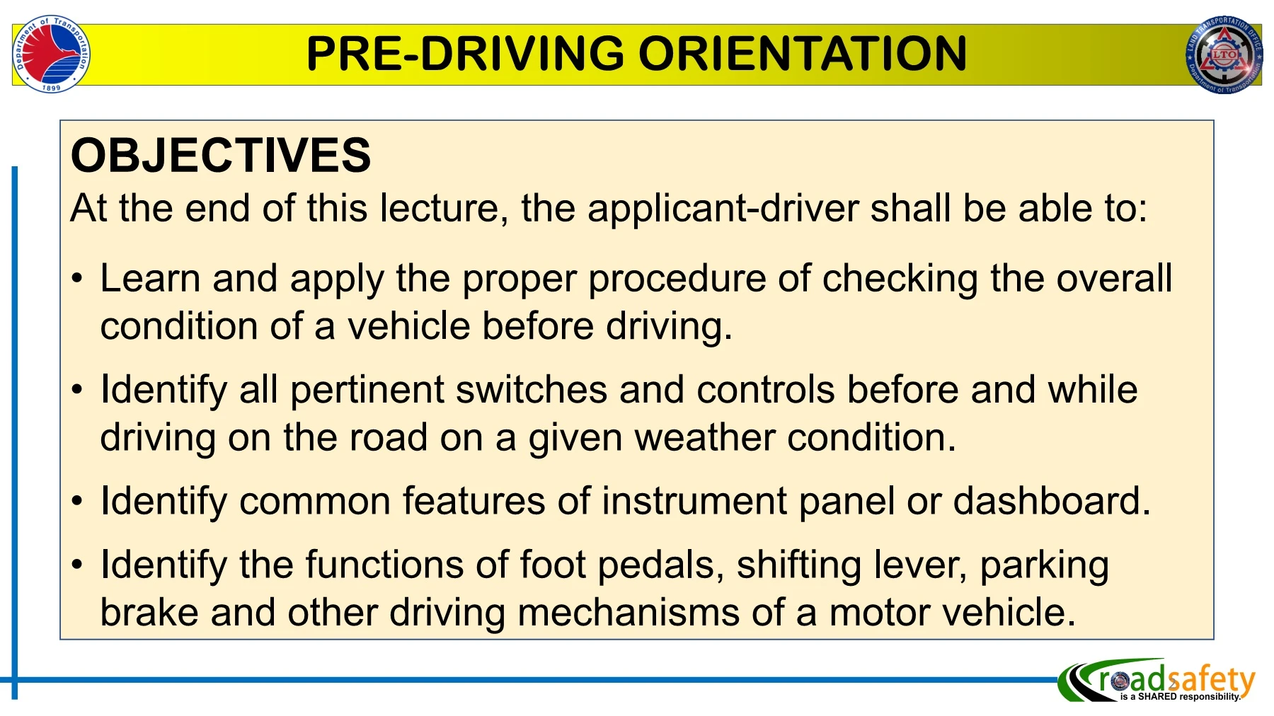 Pre-Driving Orientation and Motor Vehicle Basic Parts, Functions and ...