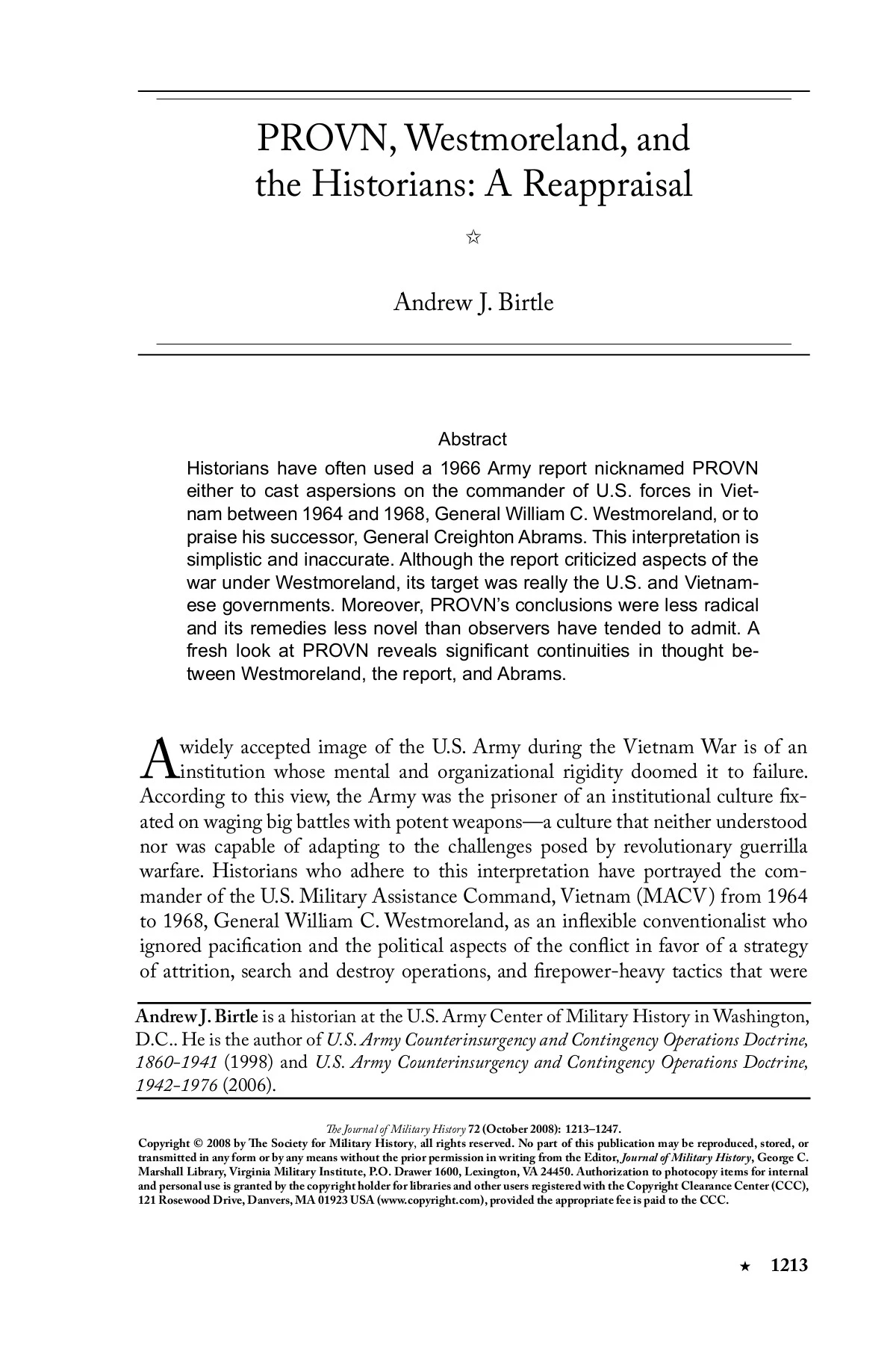 PROVN, Westmoreland, and the Historians: A Reappraisal