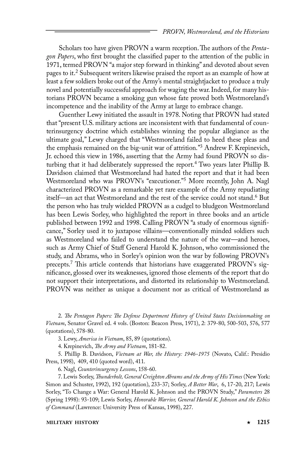 PROVN, Westmoreland, and the Historians: A Reappraisal