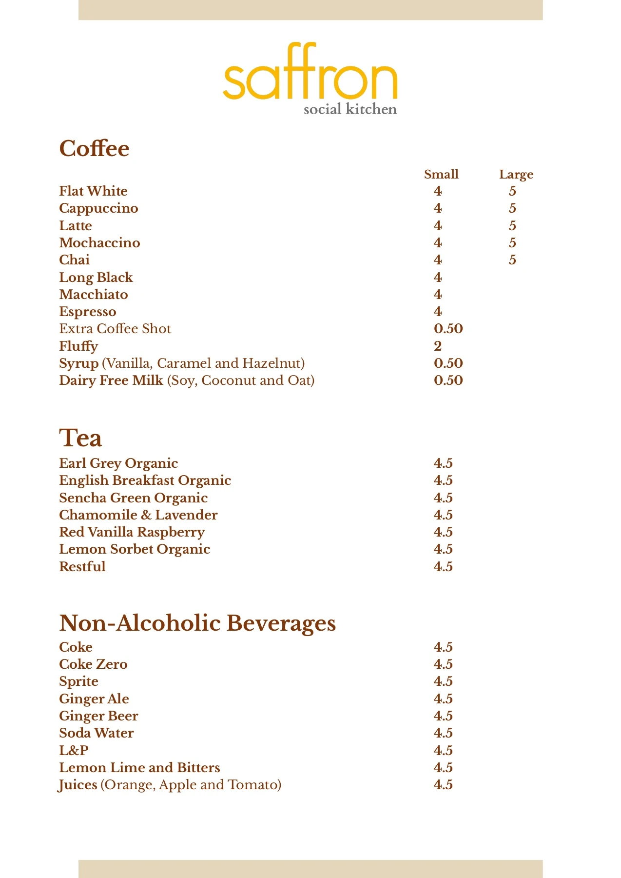 Menu Sabrin Tea Saffron Social Kitchen Menu