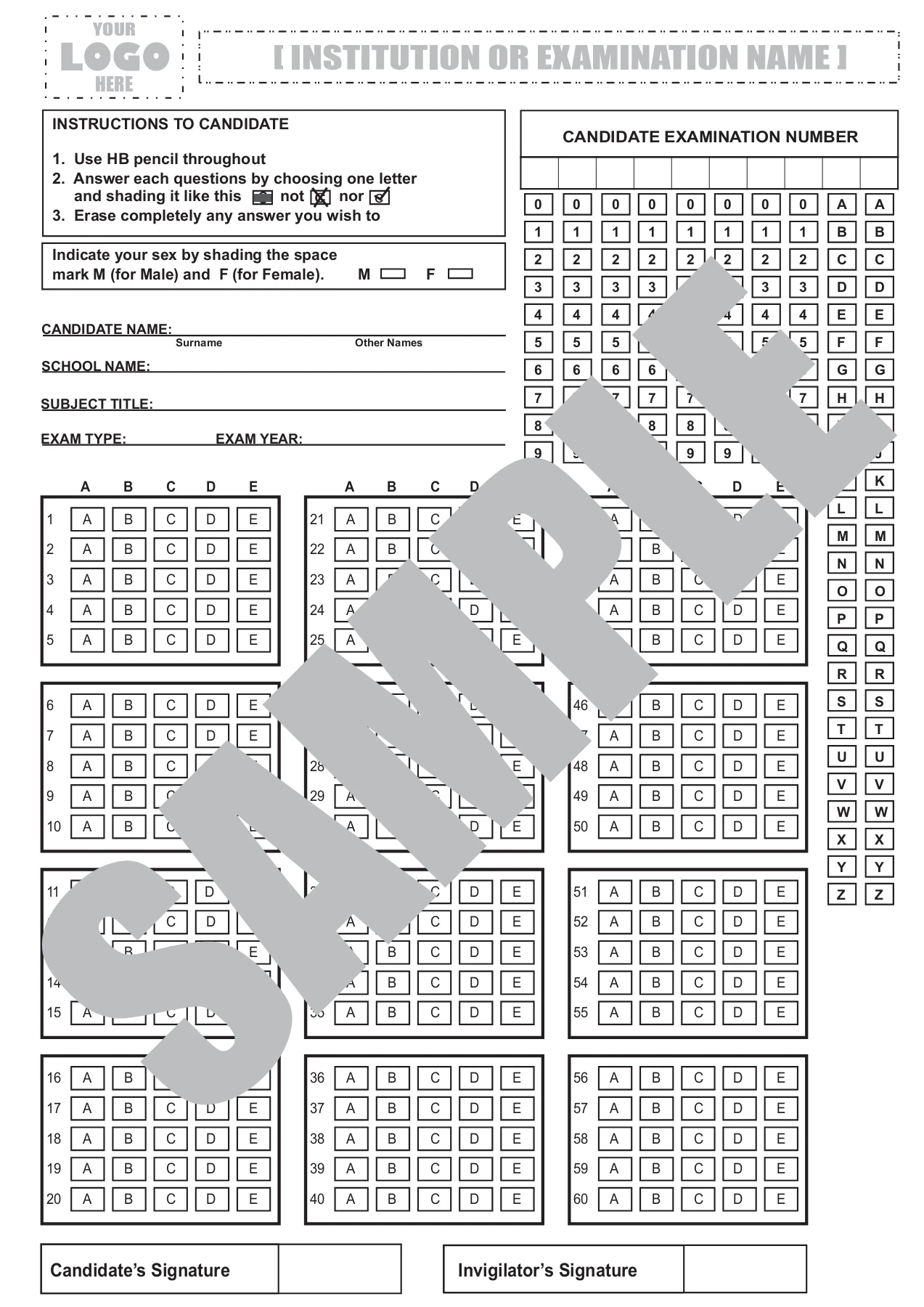 Printable OMR Answer Sheet for WAEC NECO BECE Common Entrance Examination