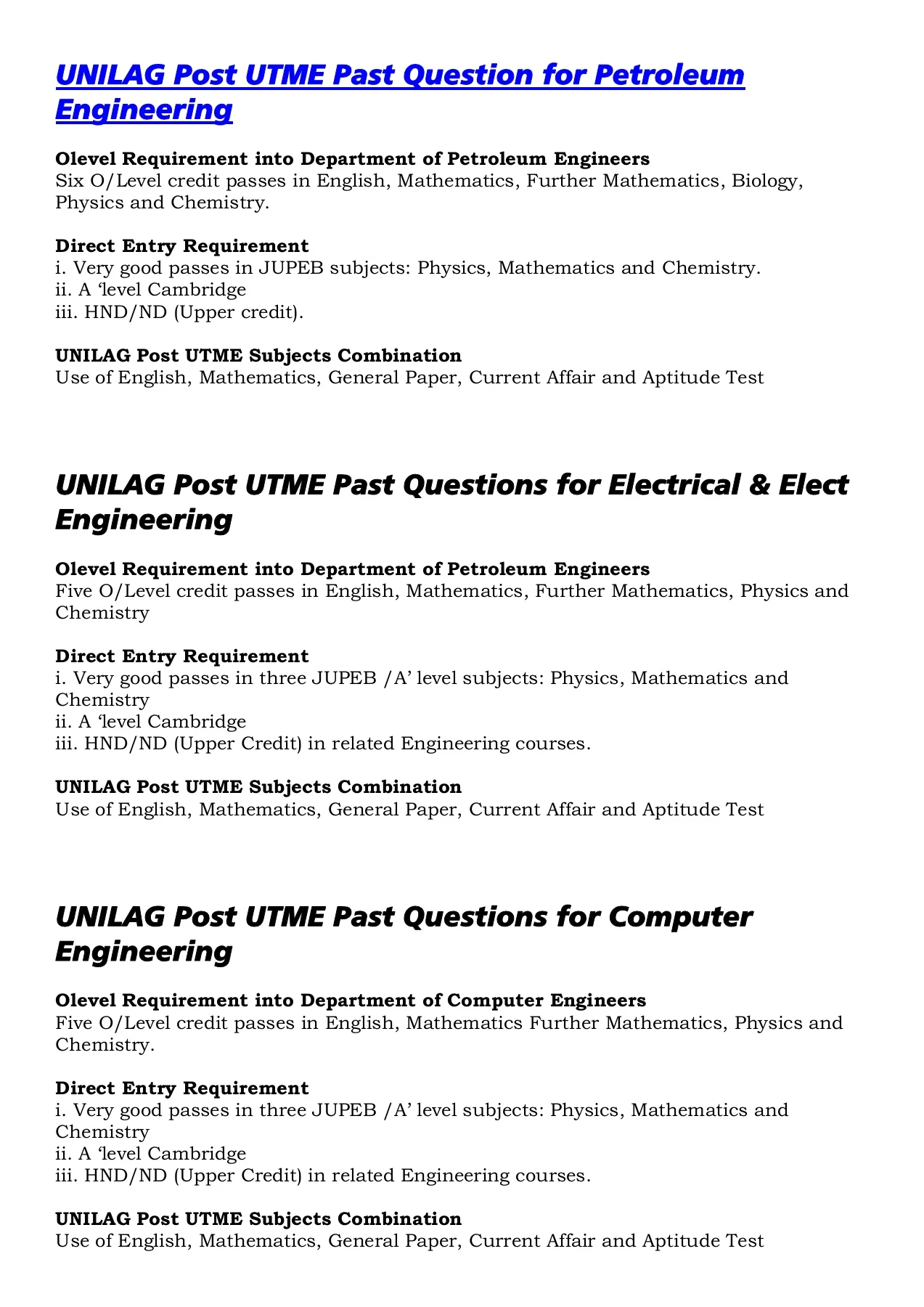 Utme Questions UNILAG Post UTME Past Questions for Engineering Faculty